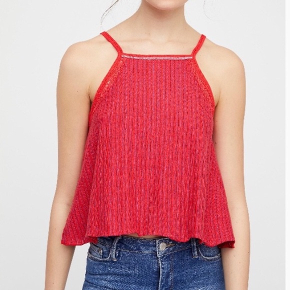 Free People Red Blue Striped Linen Tank Top Shirt - Picture 2 of 8